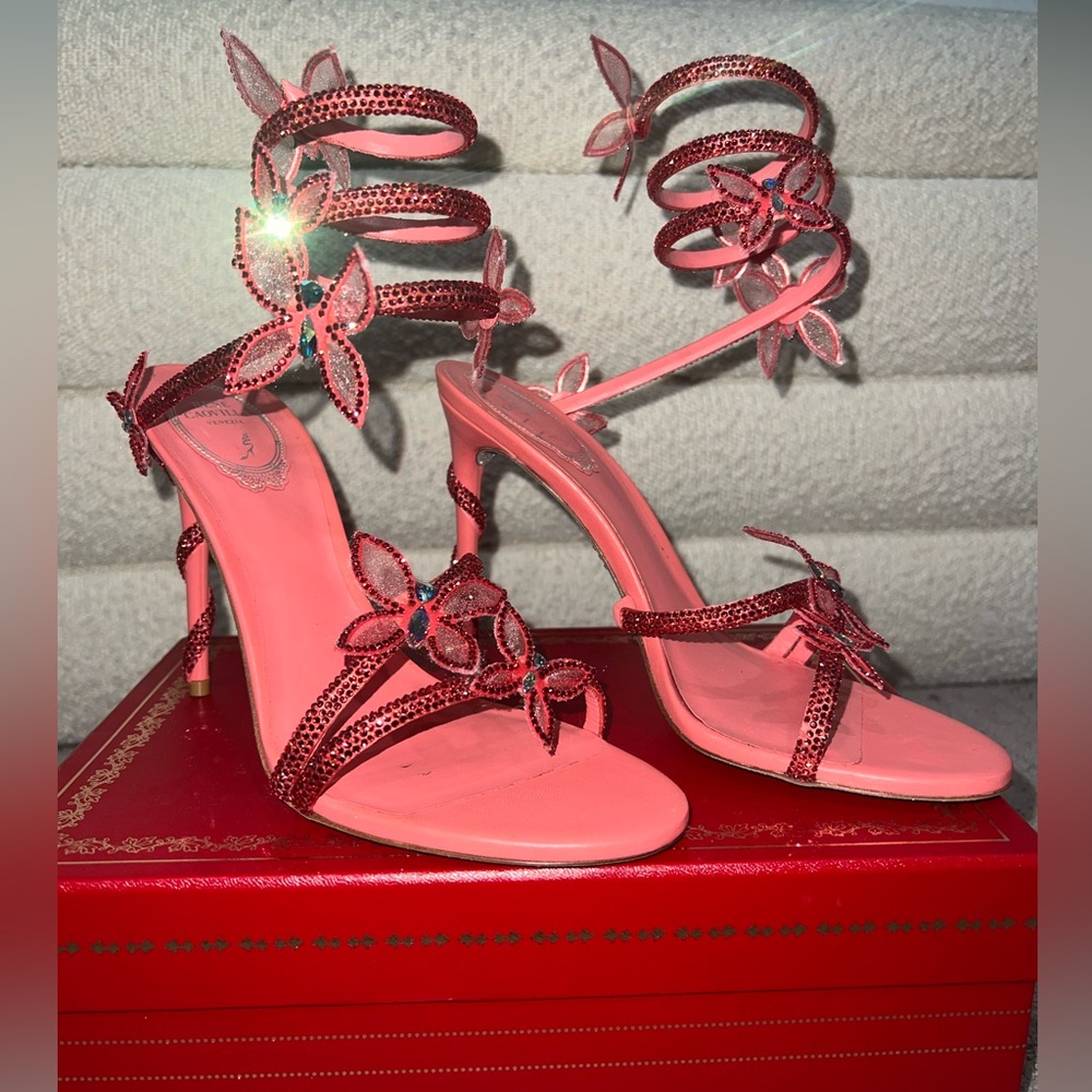 René Caovilla Margot Coral Satin Butterfly Crystal Sandals EU39.5 Box +Dust Bags